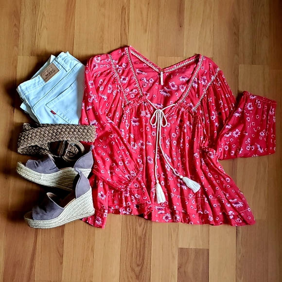 Free People Red Cotton Blouse - Picture 1 of 8